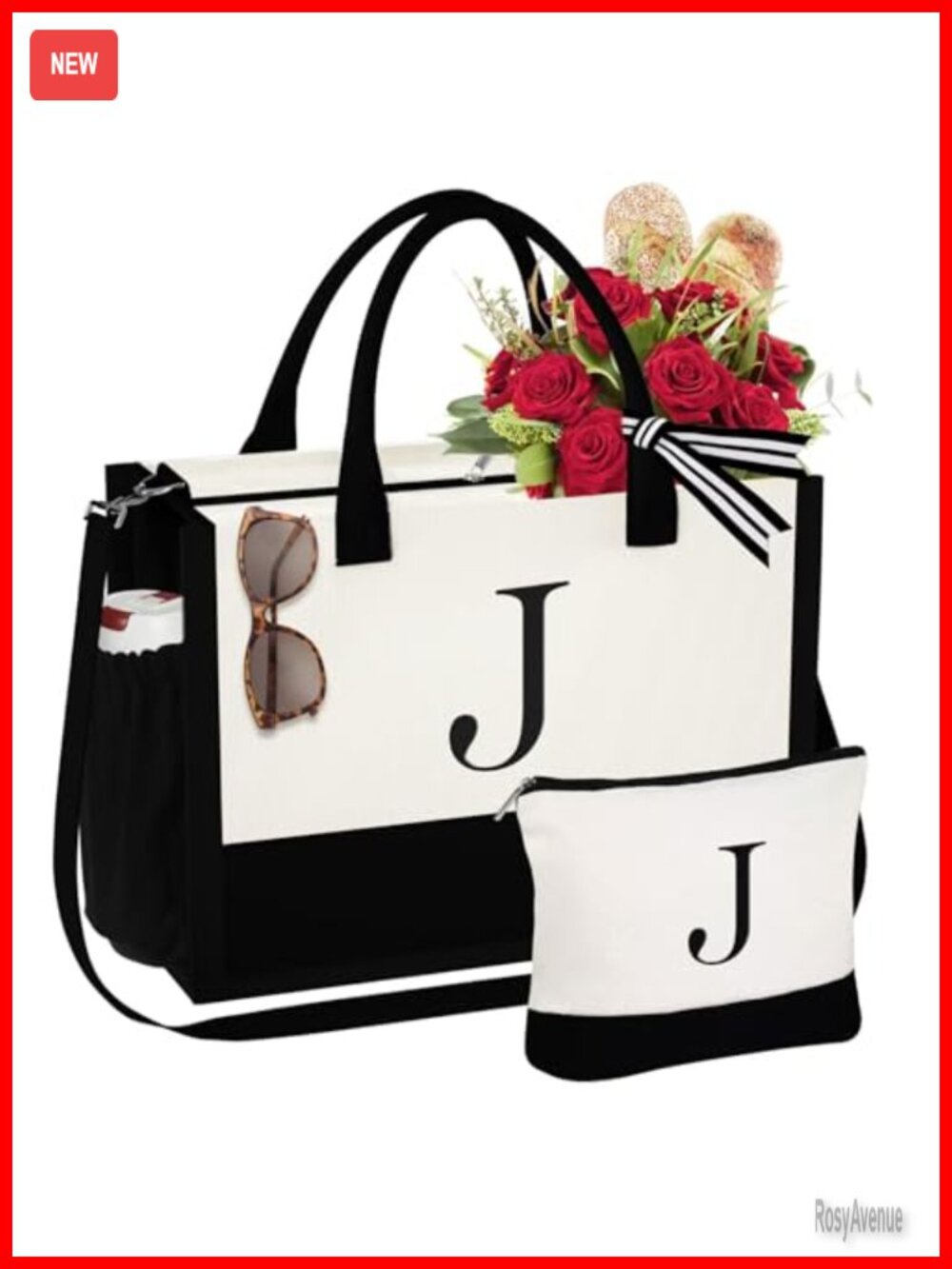 Initial Canvas Tote Bag with Makeup Bag Crossbody Shoulder Strap
